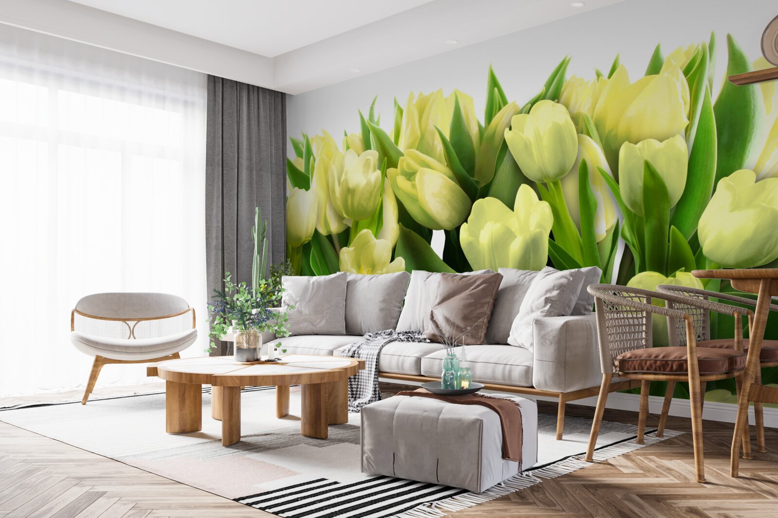 Fototapeten Gelbe Tulpen mit grünen Blättern