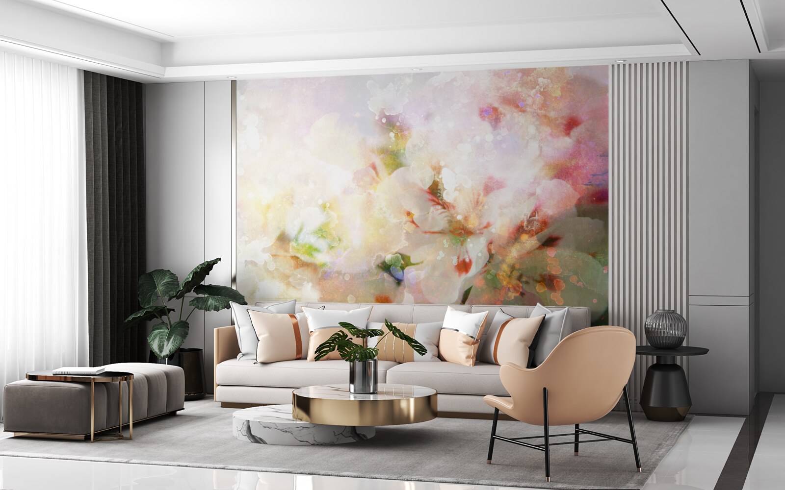 Fototapeten Aquarellblüten in einer hellen Palette