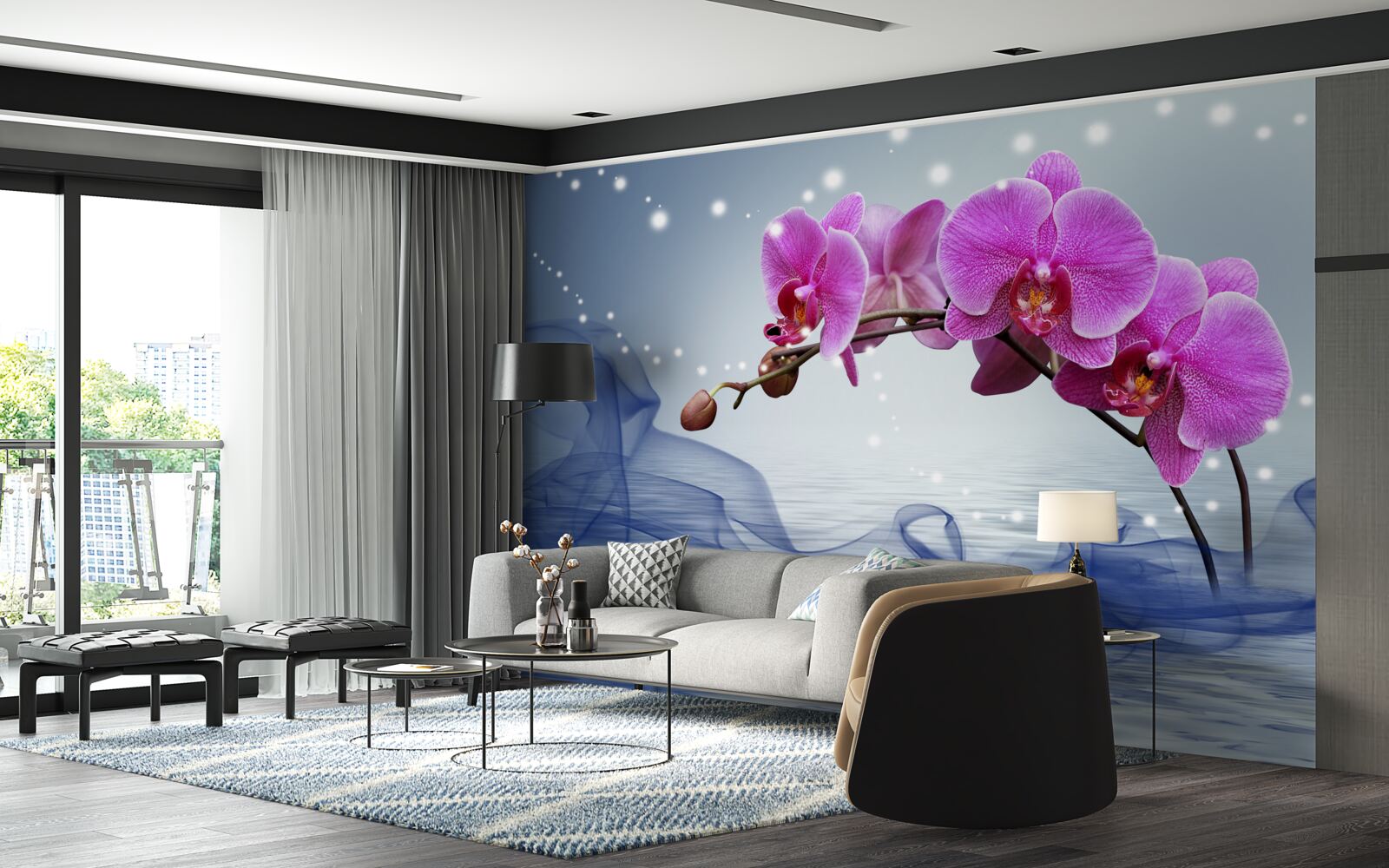 Fototapeten Der Stiel einer wunderbaren lila Orchidee Orchidee