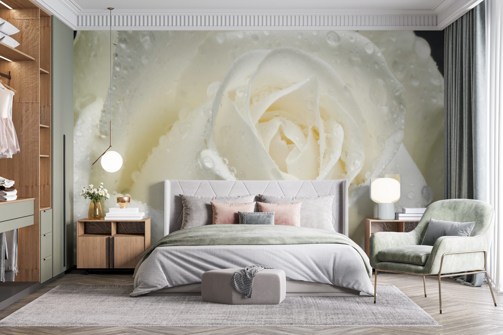 Fototapeten Weiße Rose mit morgendlicher Tau bedeckt