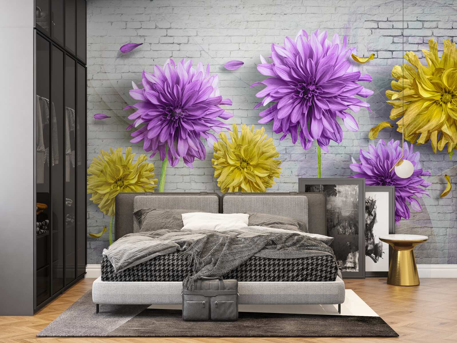Fototapeten Blumen in Schatten der lila und gelben Blüte an der Ziegelmauer