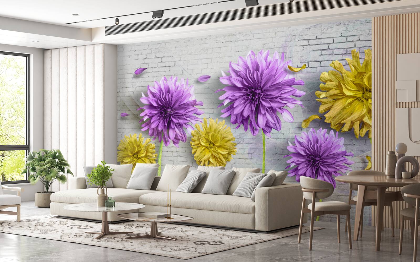 Fototapeten Blumen in Schatten der lila und gelben Blüte an der Ziegelmauer