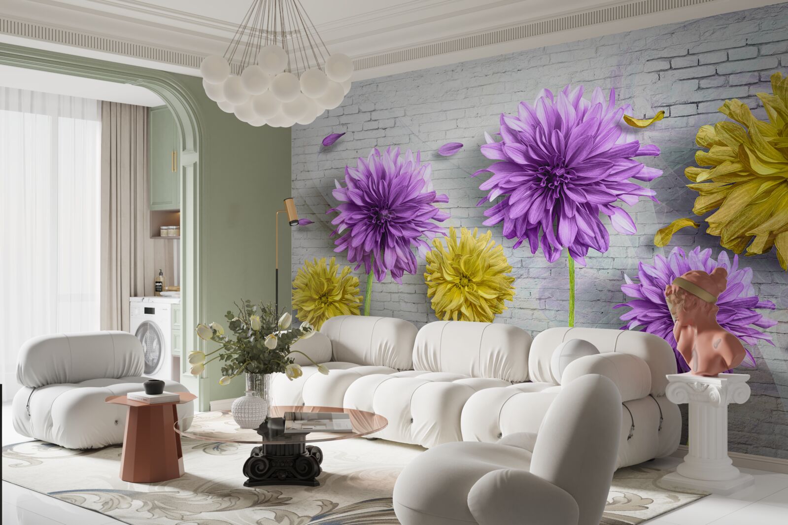 Fototapeten Blumen in Schatten der lila und gelben Blüte an der Ziegelmauer