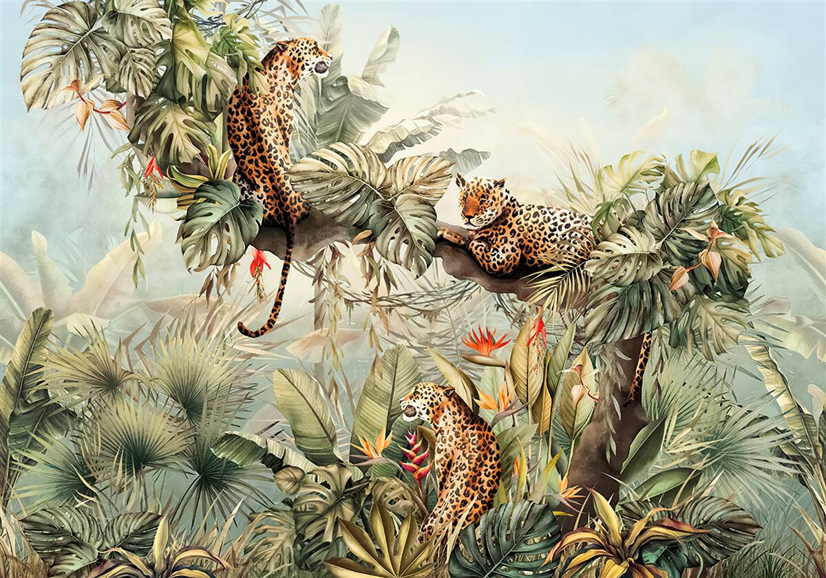 Fototapeten Im Morgengrauen schützen sich Leoparts auf einem Baum