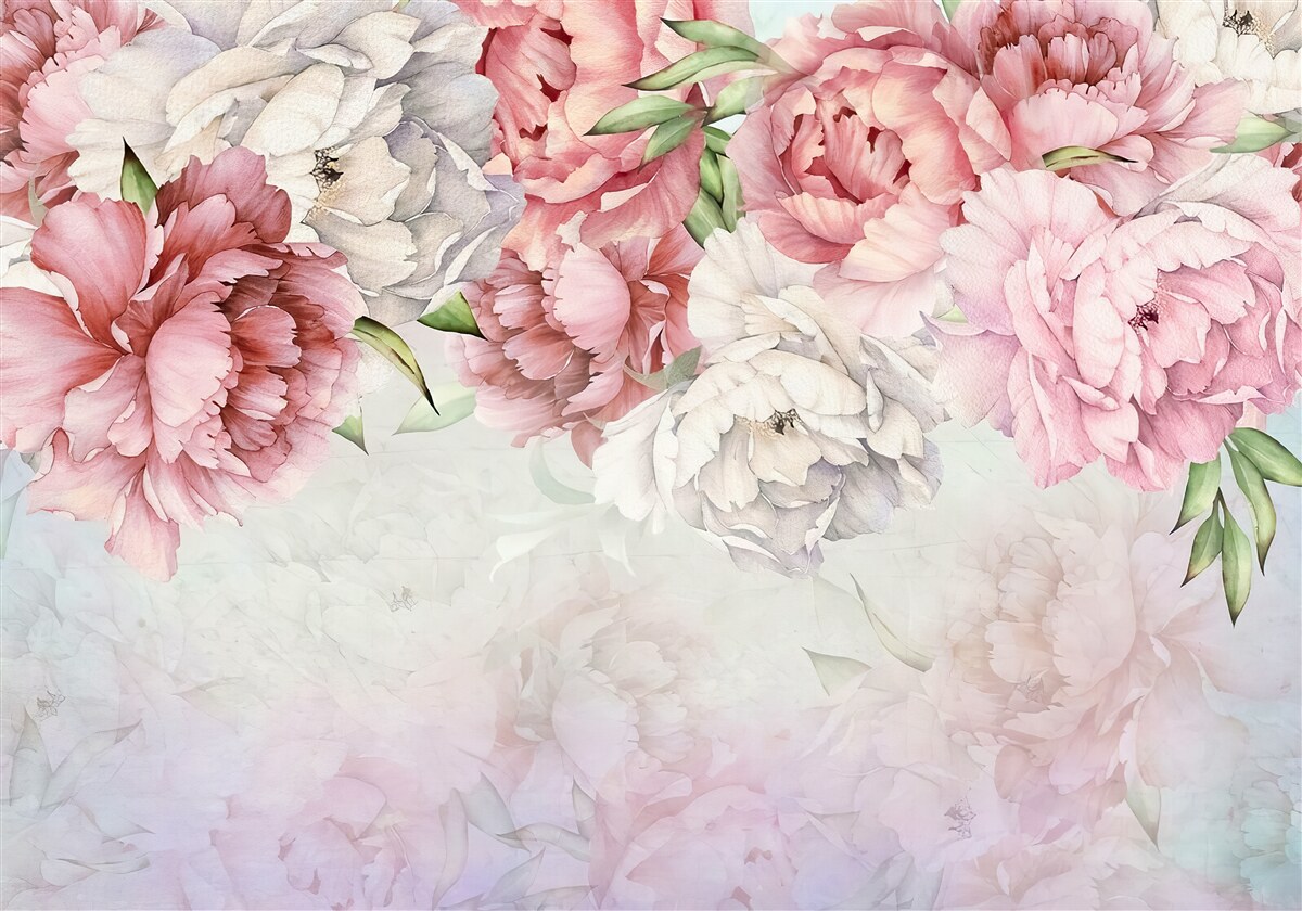 Fototapeten Der helle Hintergrund ist mit zarten Blumen in einem rosa Ton dekoriert