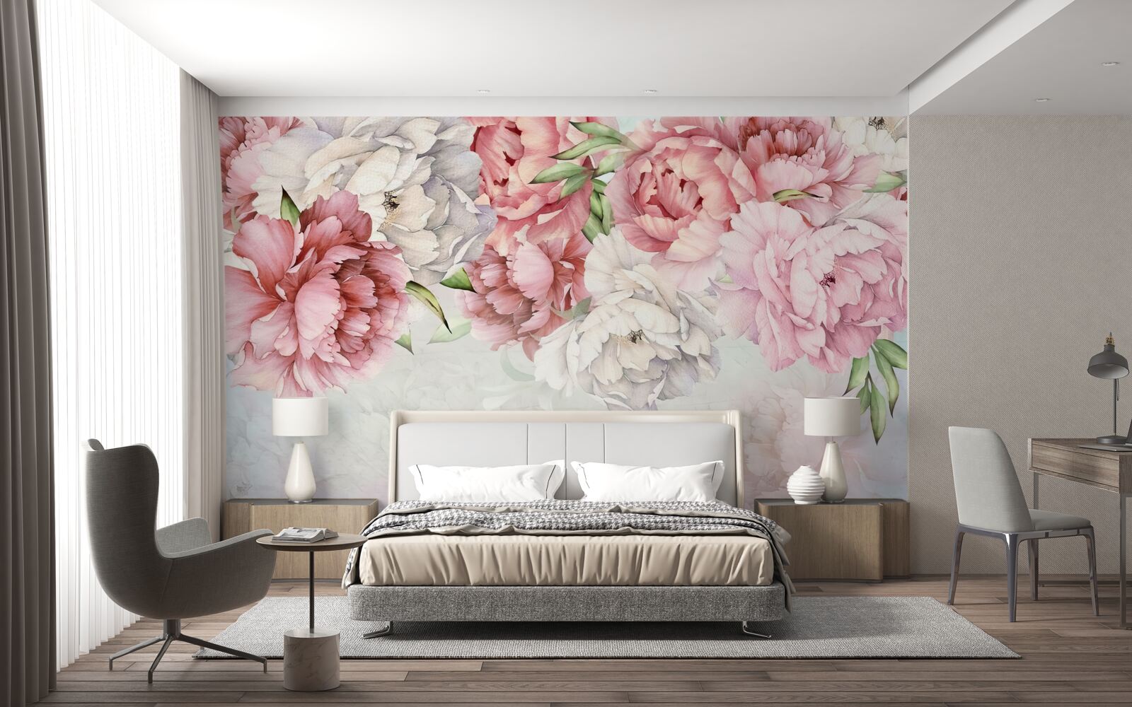 Fototapeten Der helle Hintergrund ist mit zarten Blumen in einem rosa Ton dekoriert