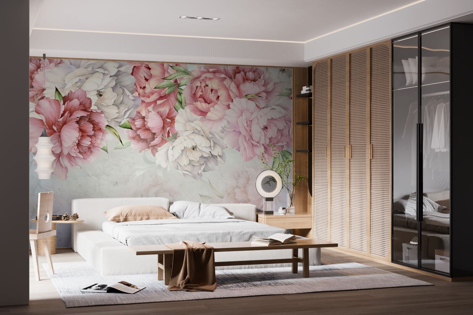 Fototapeten Der helle Hintergrund ist mit zarten Blumen in einem rosa Ton dekoriert