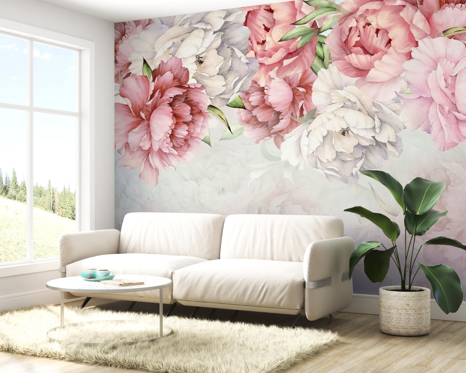 Fototapeten Der helle Hintergrund ist mit zarten Blumen in einem rosa Ton dekoriert