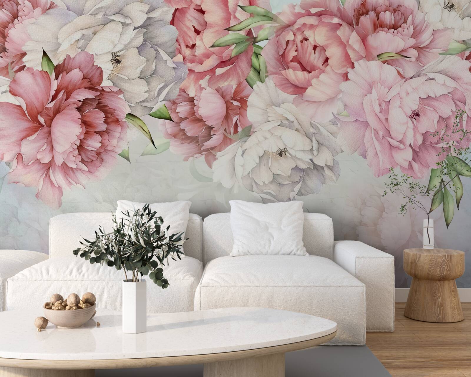 Fototapeten Der helle Hintergrund ist mit zarten Blumen in einem rosa Ton dekoriert