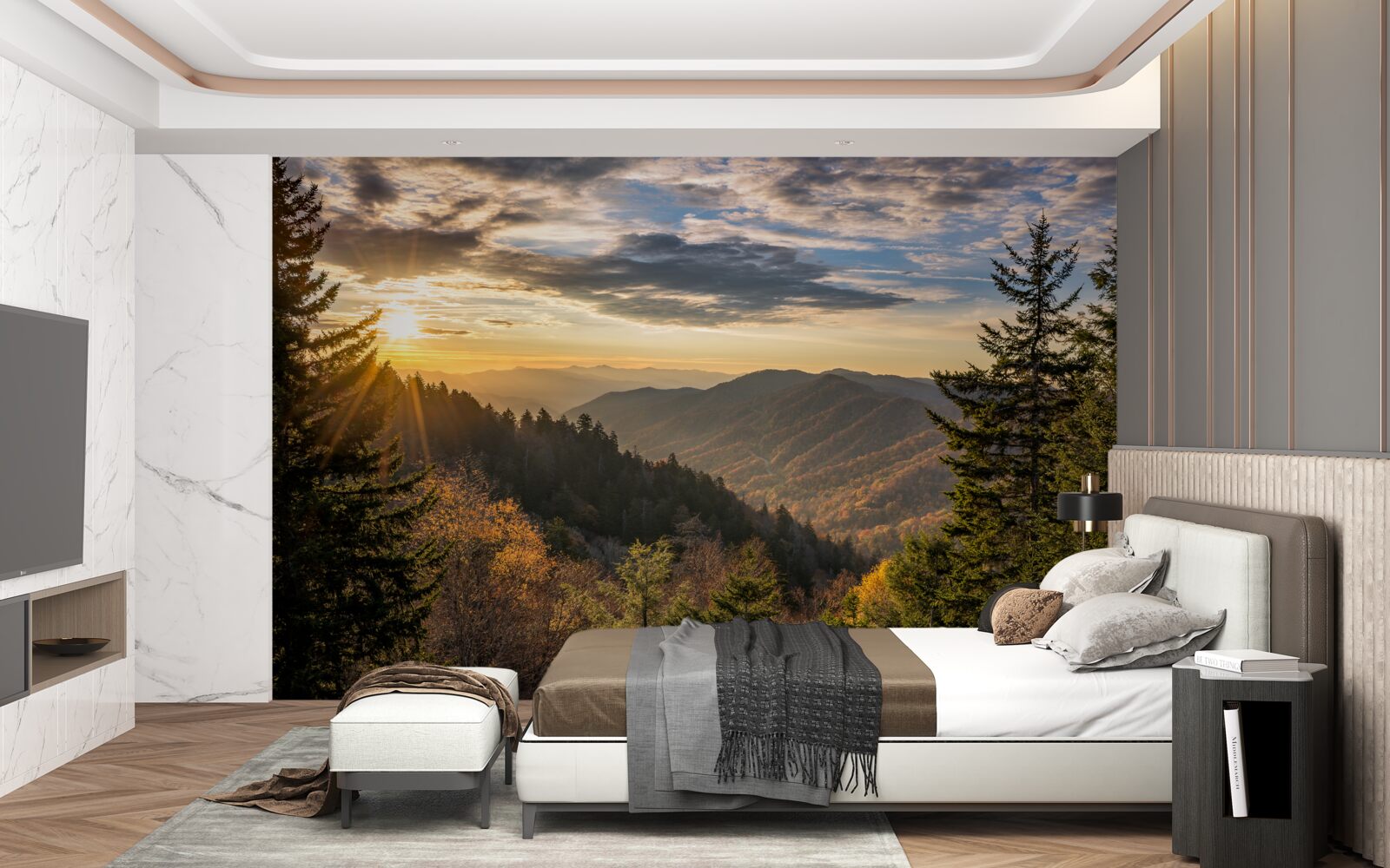 Fototapeten Die untergehende Sonne über den Berggipfeln