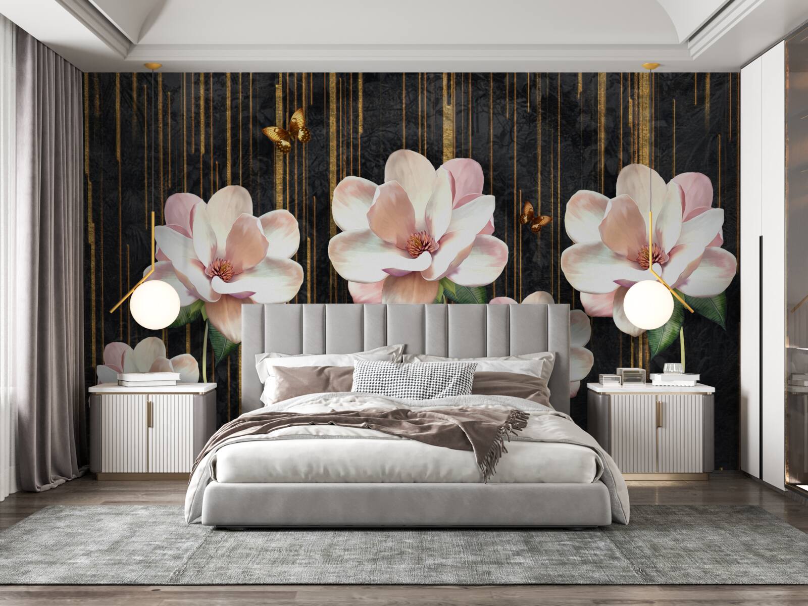 Fototapeten Schmetterlinge und Blumen auf einem schwarzen goldenen Hintergrund