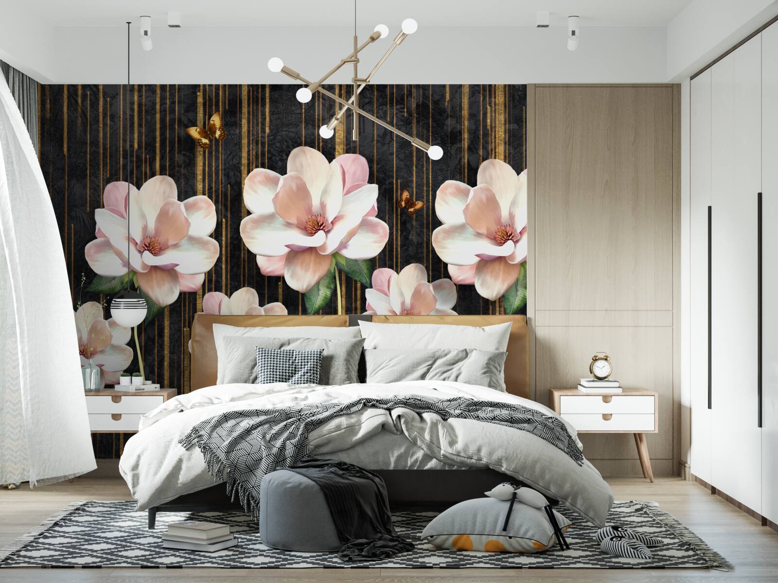 Fototapeten Schmetterlinge und Blumen auf einem schwarzen goldenen Hintergrund