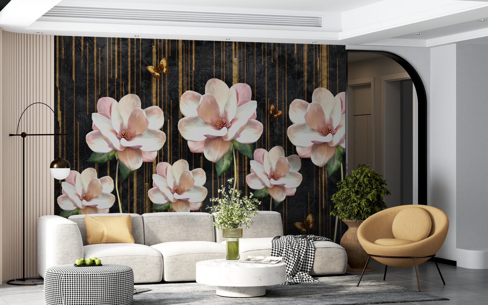 Fototapeten Schmetterlinge und Blumen auf einem schwarzen goldenen Hintergrund