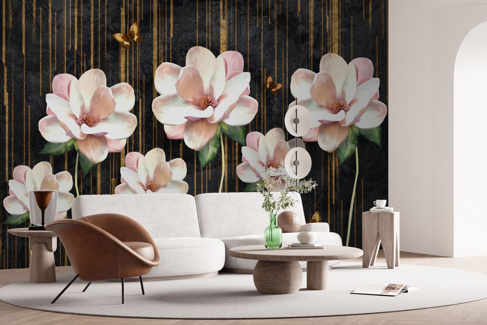 Fototapeten Schmetterlinge und Blumen auf einem schwarzen goldenen Hintergrund