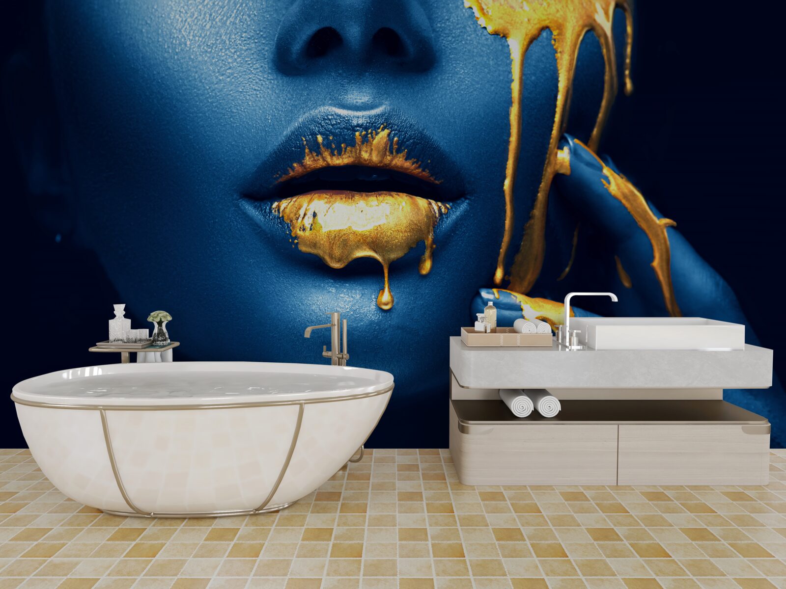 Fototapeten Eine Frau mit einem glänzenden goldenen Lippenstift auf der Lippen