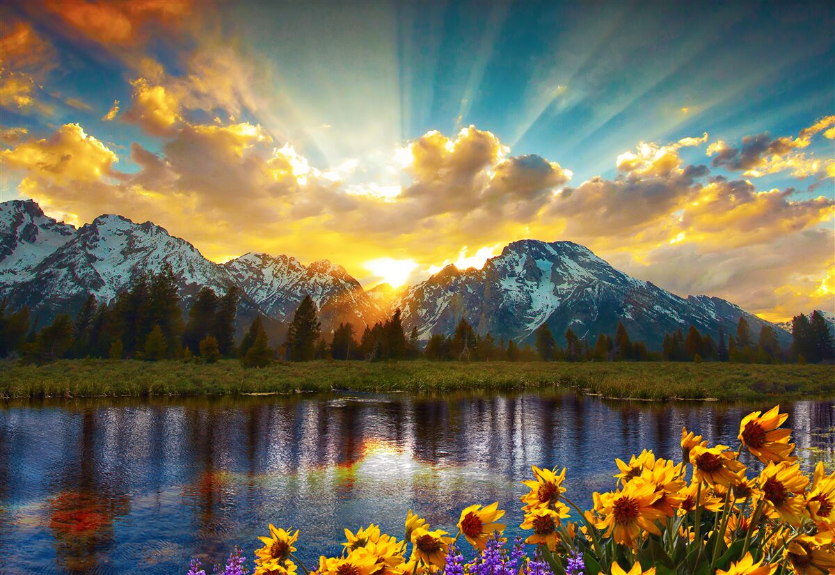 Fototapeten Der magische Sonnenuntergang am Hoch -Mountain -Fluss