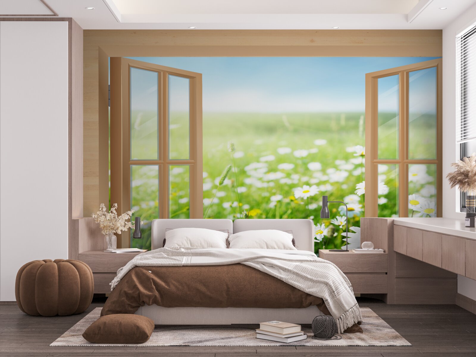 Fototapeten Zeigen Sie vom Fenster zum Kamillefeld an