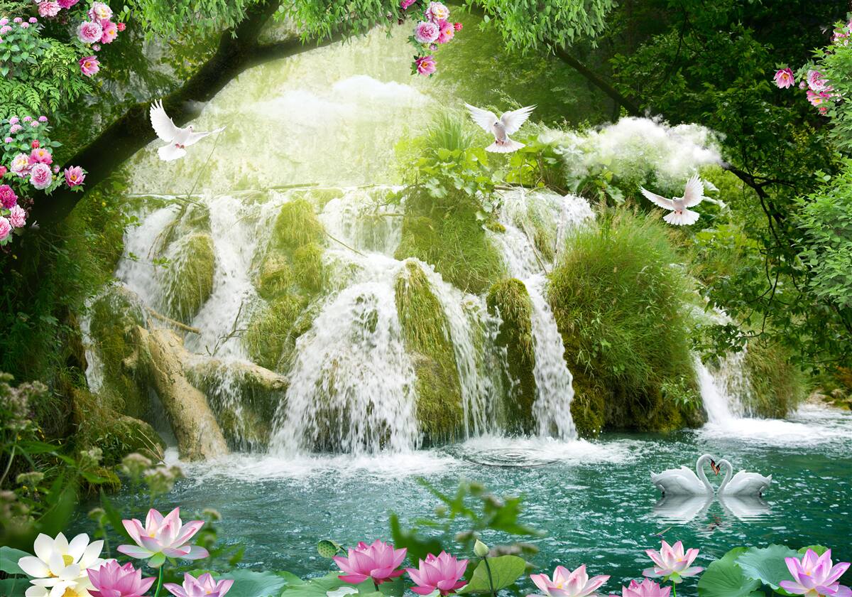 Fototapeten Fallendes Wasser aus dem Waldwasserfall