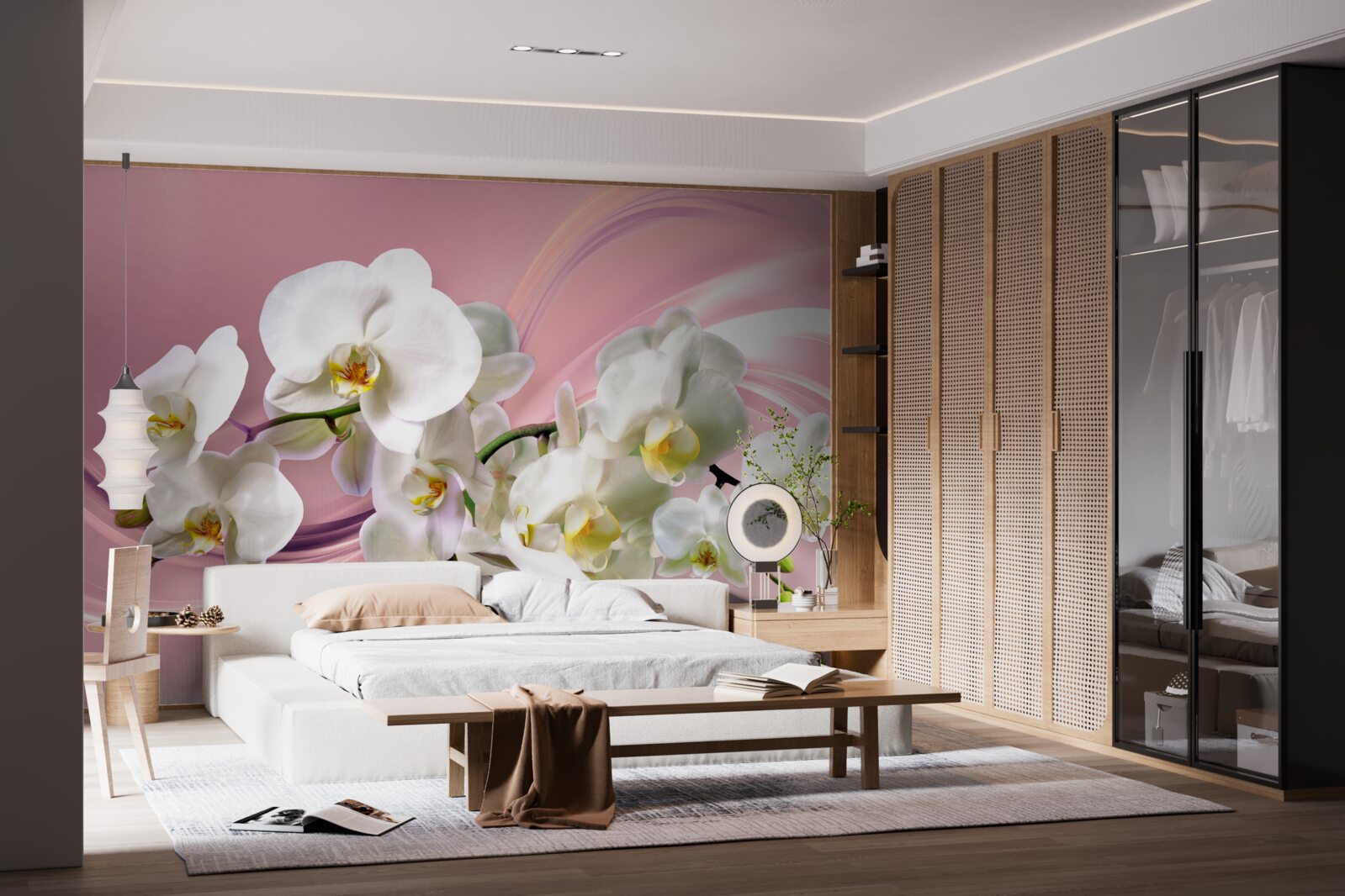 Fototapeten Große weiße Orchideen auf einem rosa Hintergrund
