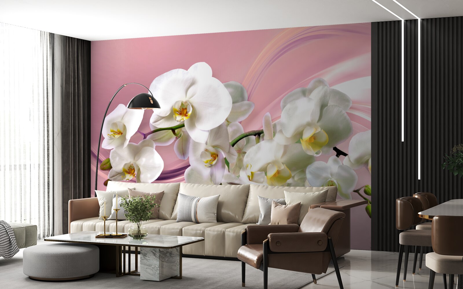 Fototapeten Große weiße Orchideen auf einem rosa Hintergrund