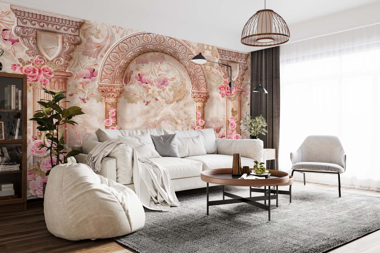 Fototapeten Ein Bogen mit rosa Blumen dekoriert