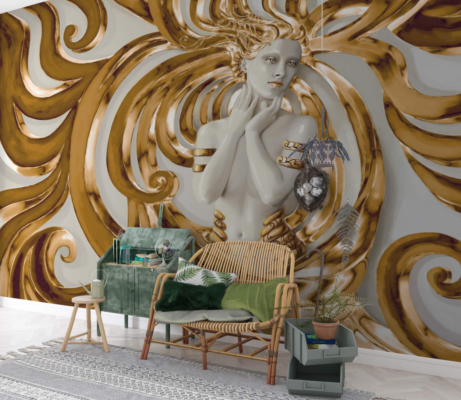 Fototapeten Goldene Linien und die Umrisse eines Mädchens