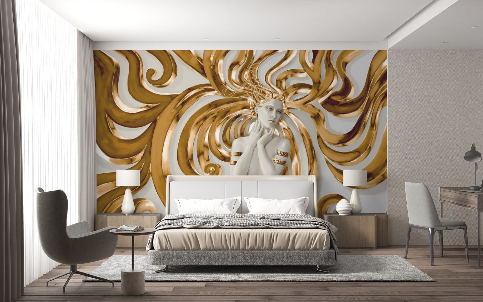 Fototapeten Goldene Linien und die Umrisse eines Mädchens