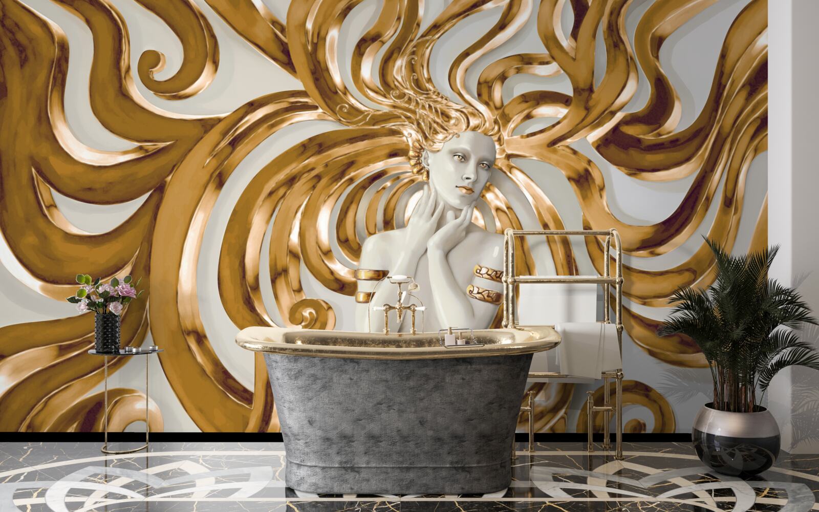 Fototapeten Goldene Linien und die Umrisse eines Mädchens