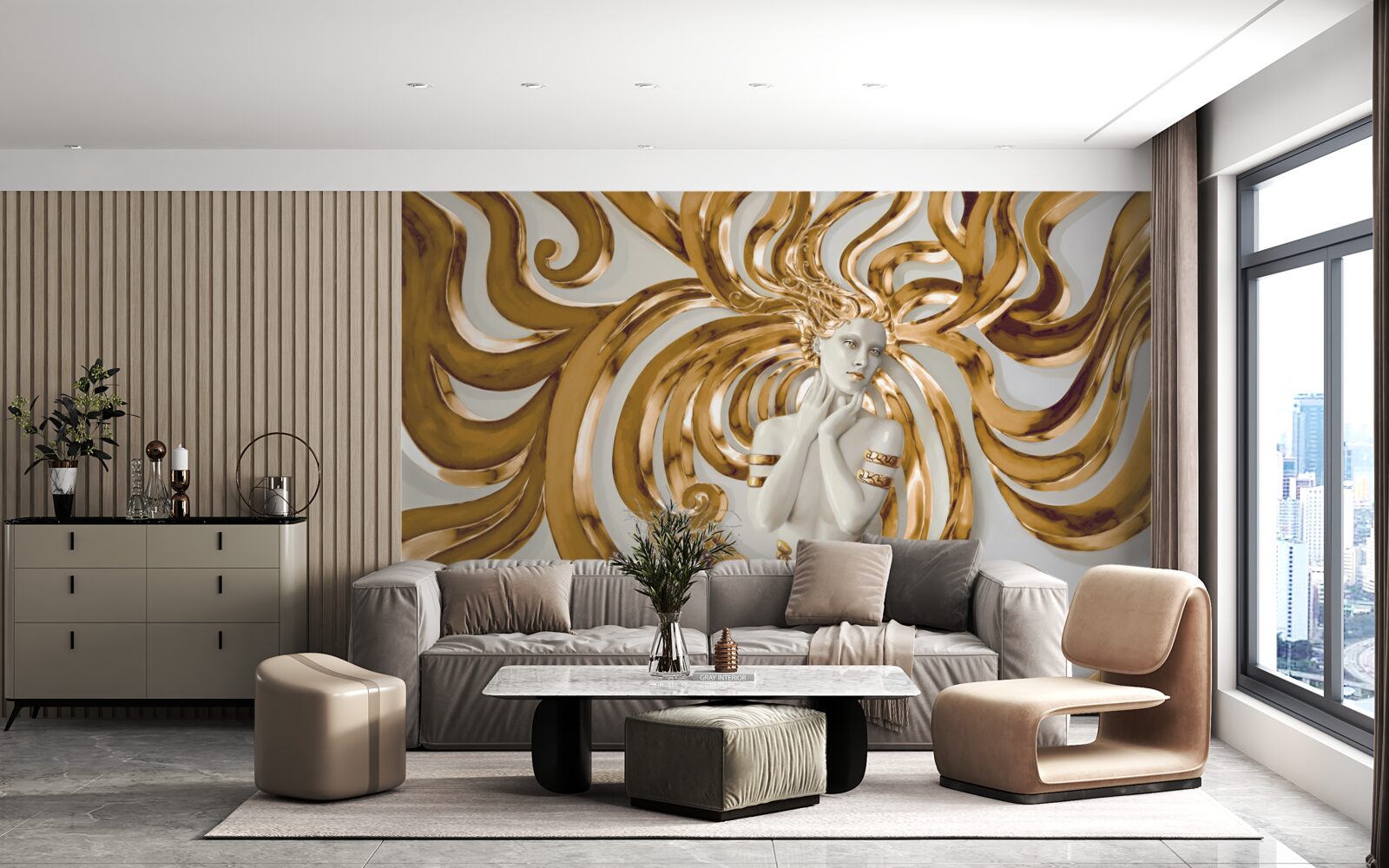 Fototapeten Goldene Linien und die Umrisse eines Mädchens