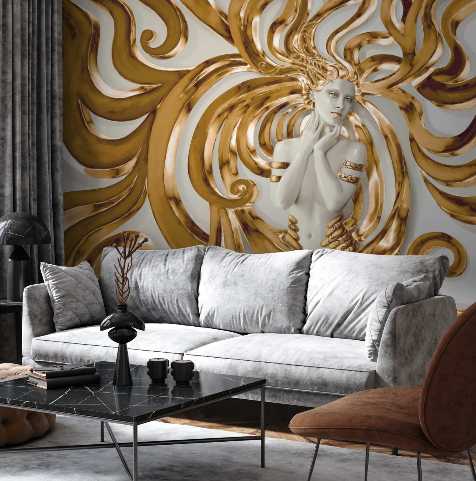 Fototapeten Goldene Linien und die Umrisse eines Mädchens