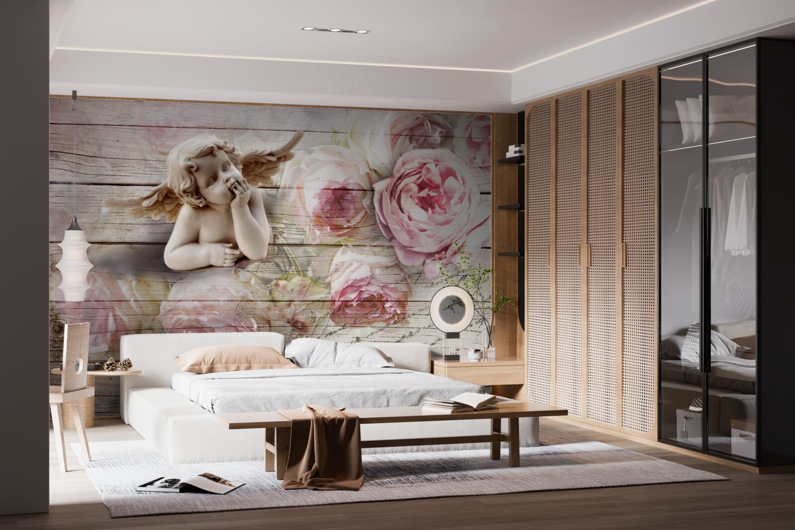 Fototapeten Reflektierender Engel und scharlachrote Rosenknospen
