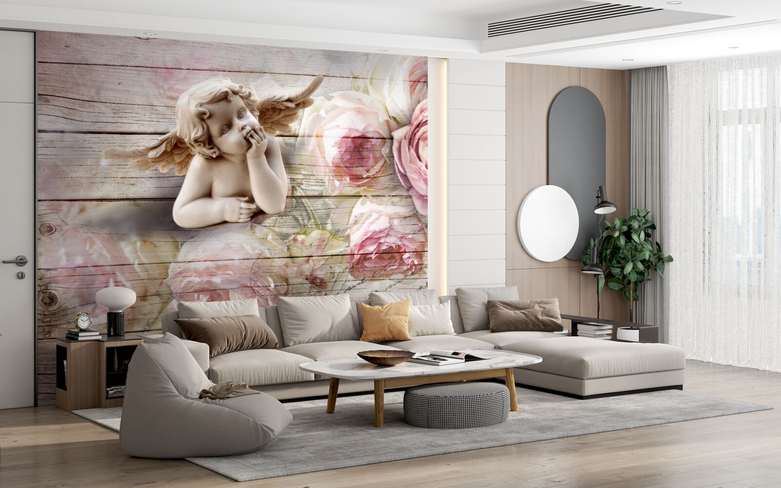 Fototapeten Reflektierender Engel und scharlachrote Rosenknospen