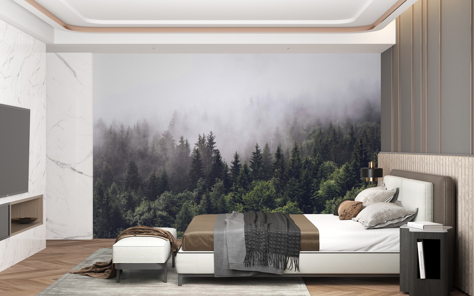 Fototapeten Die Pracht des mysteriösen Waldes im Nebel