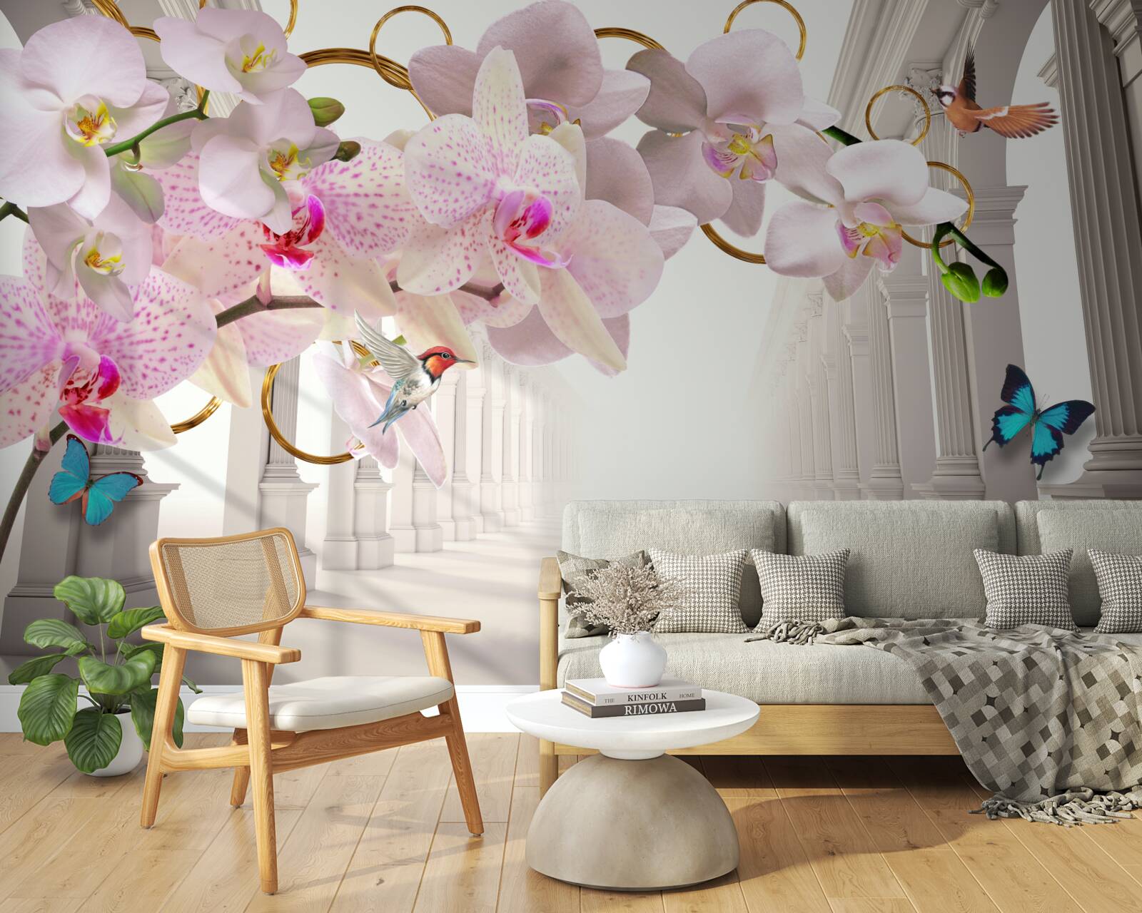 Fototapeten Weiße Bögen sind mit Orchideen und Schmetterlingen dekoriert