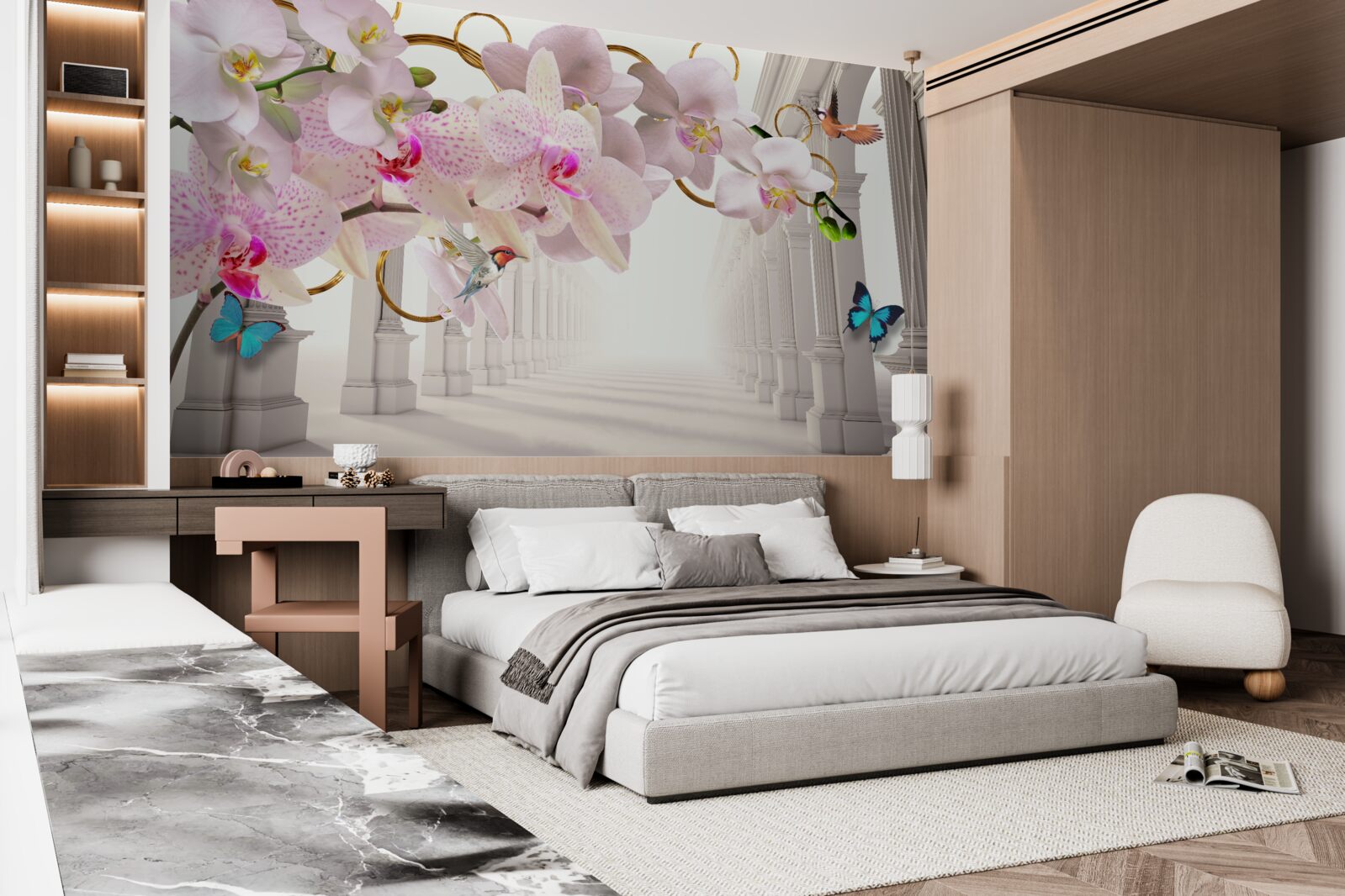Fototapeten Weiße Bögen sind mit Orchideen und Schmetterlingen dekoriert