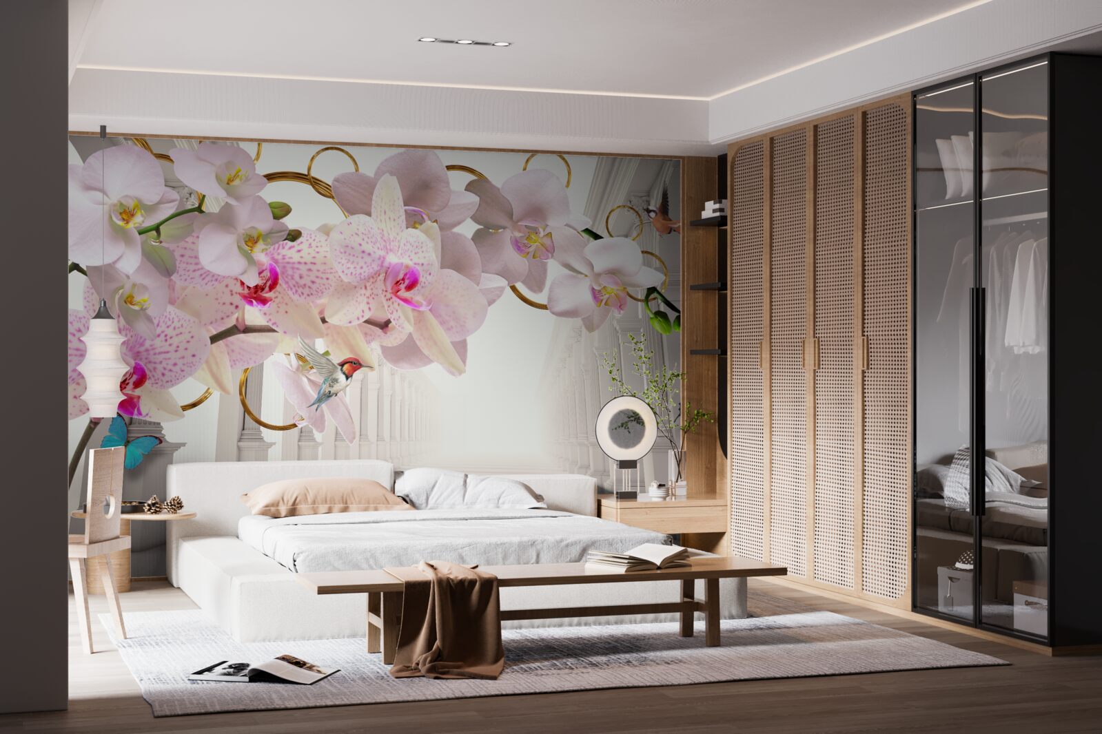 Fototapeten Weiße Bögen sind mit Orchideen und Schmetterlingen dekoriert