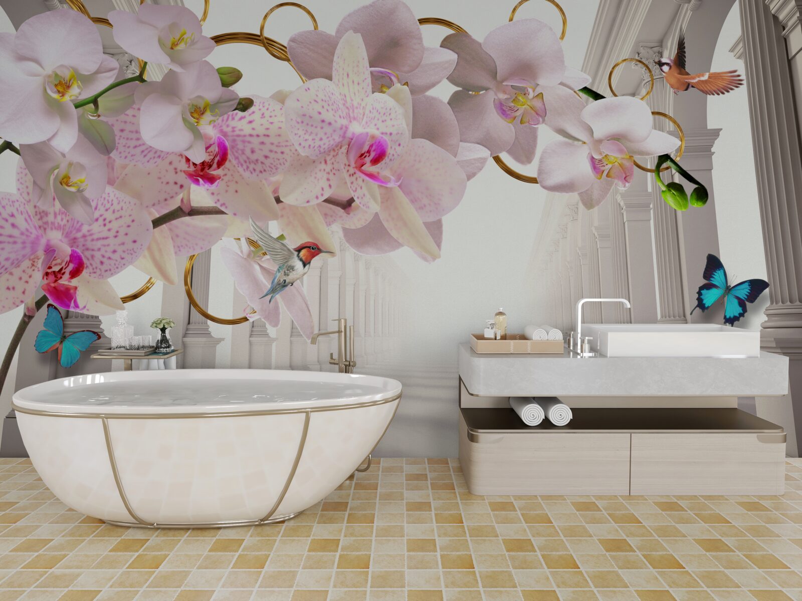 Fototapeten Weiße Bögen sind mit Orchideen und Schmetterlingen dekoriert
