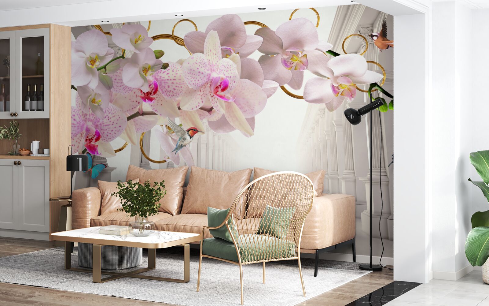 Fototapeten Weiße Bögen sind mit Orchideen und Schmetterlingen dekoriert