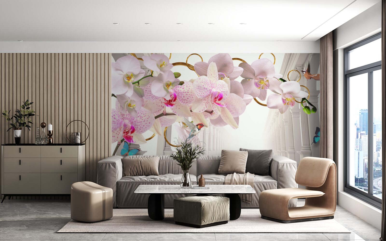 Fototapeten Weiße Bögen sind mit Orchideen und Schmetterlingen dekoriert