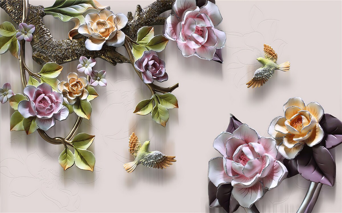 Fototapeten Schöne Harmonie von Zweigen, die mit Blumen verziert sind