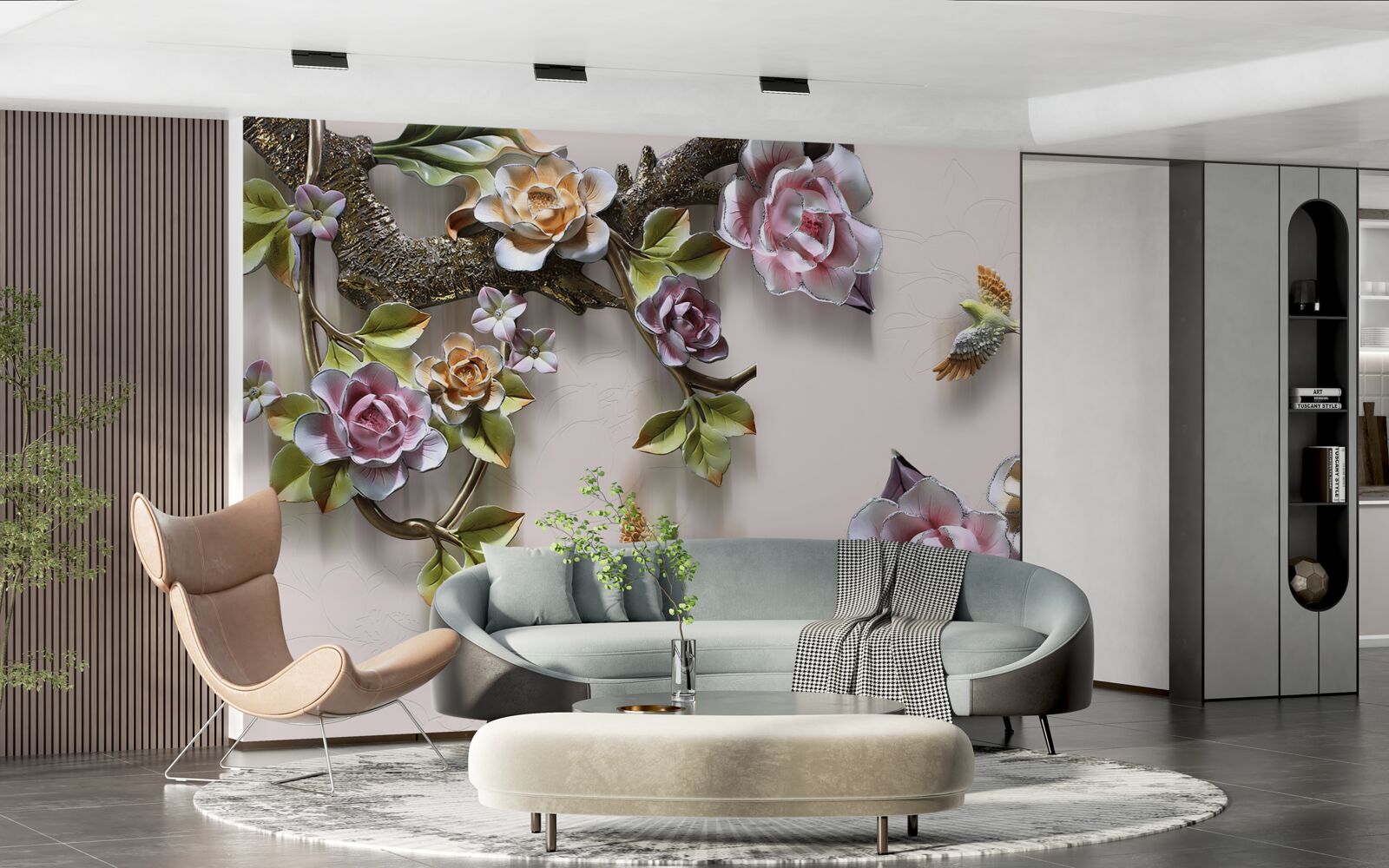 Fototapeten Schöne Harmonie von Zweigen, die mit Blumen verziert sind