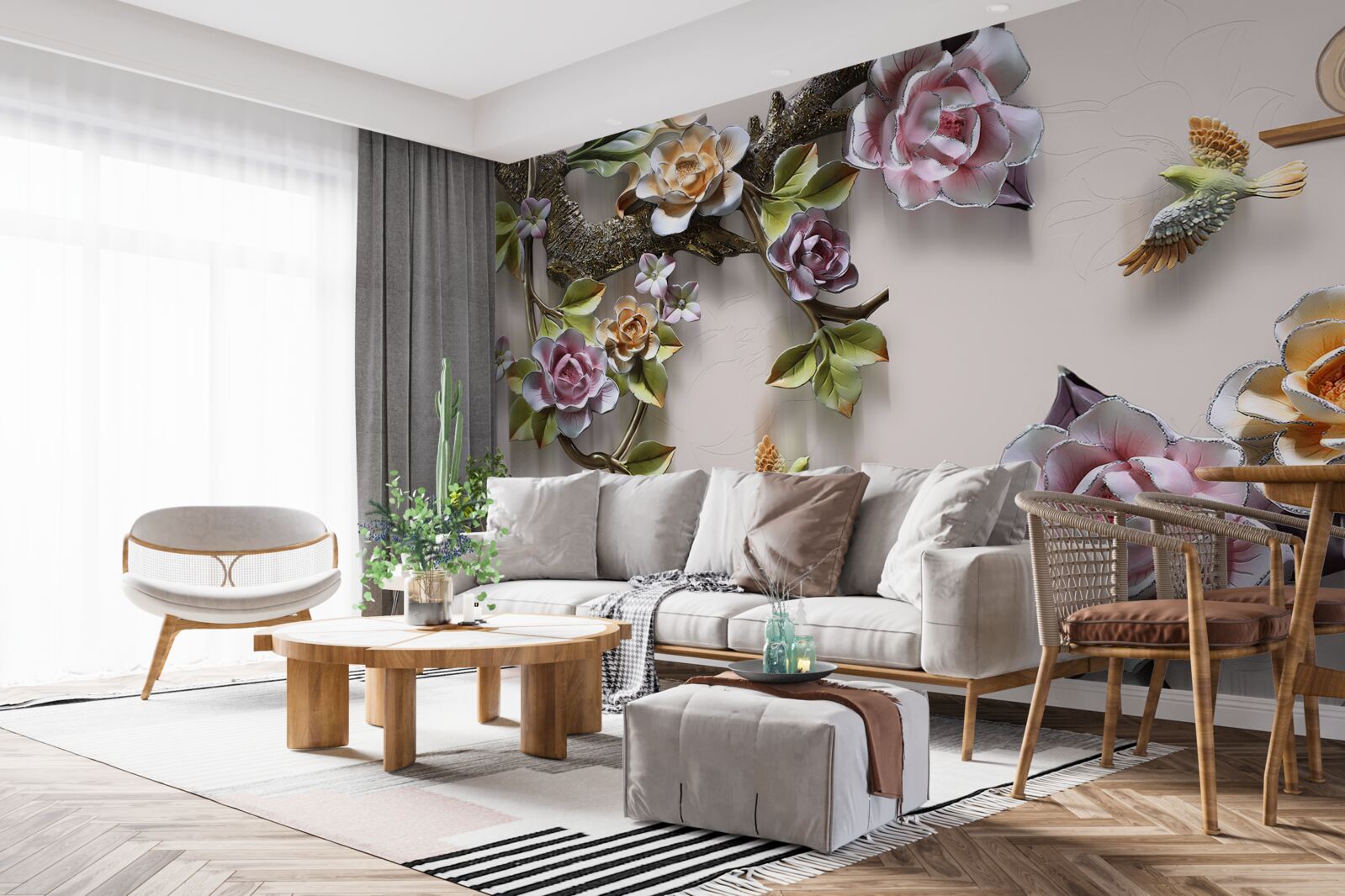 Fototapeten Schöne Harmonie von Zweigen, die mit Blumen verziert sind
