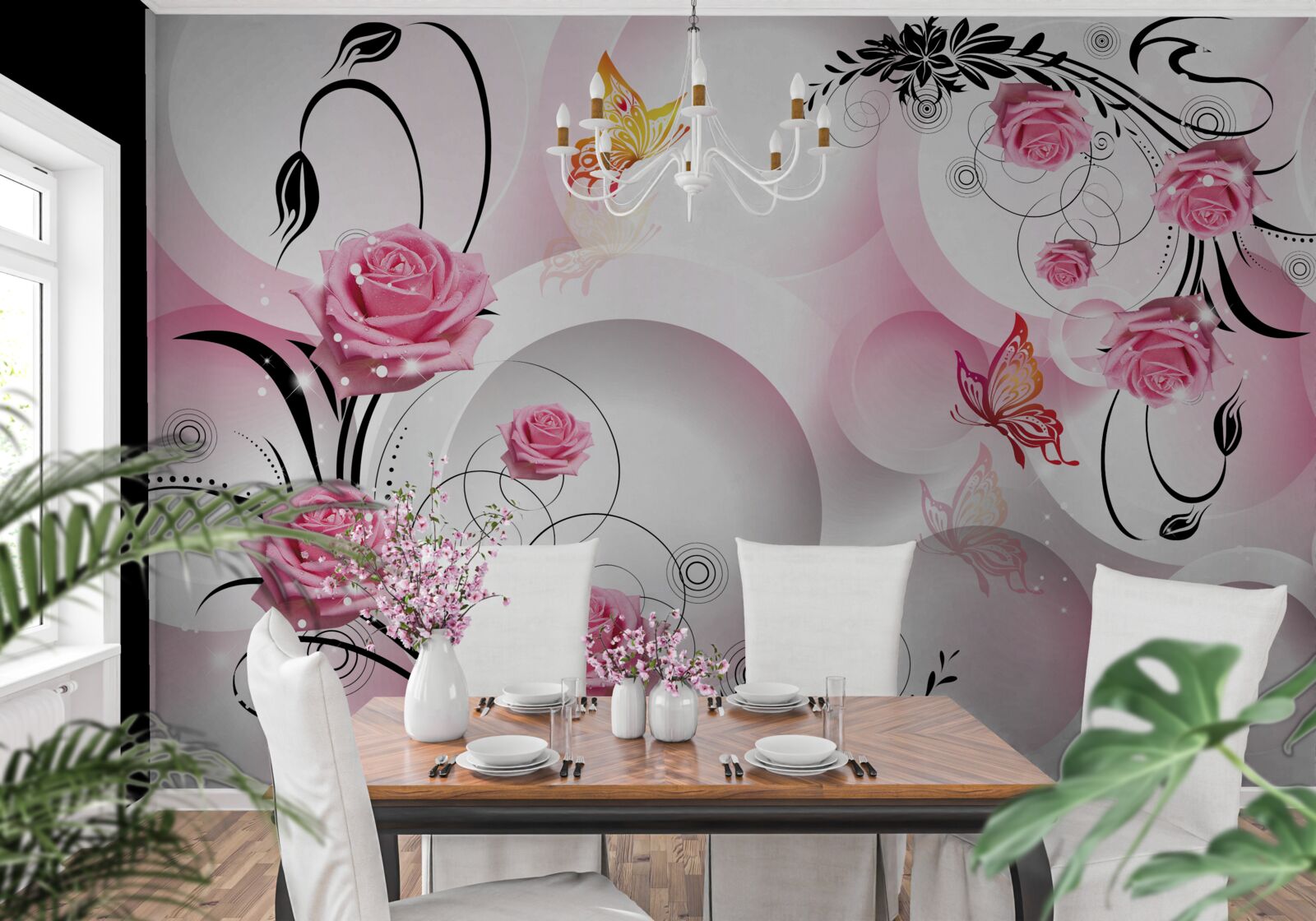 Fototapeten Design von rosa Knospen mit schwarzen Zweigen