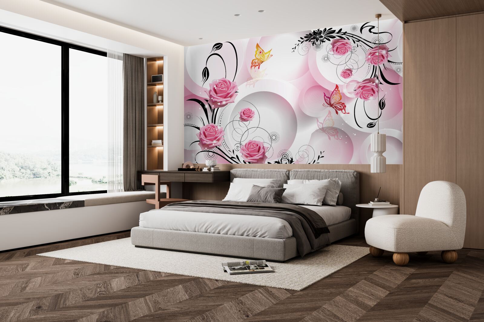 Fototapeten Design von rosa Knospen mit schwarzen Zweigen