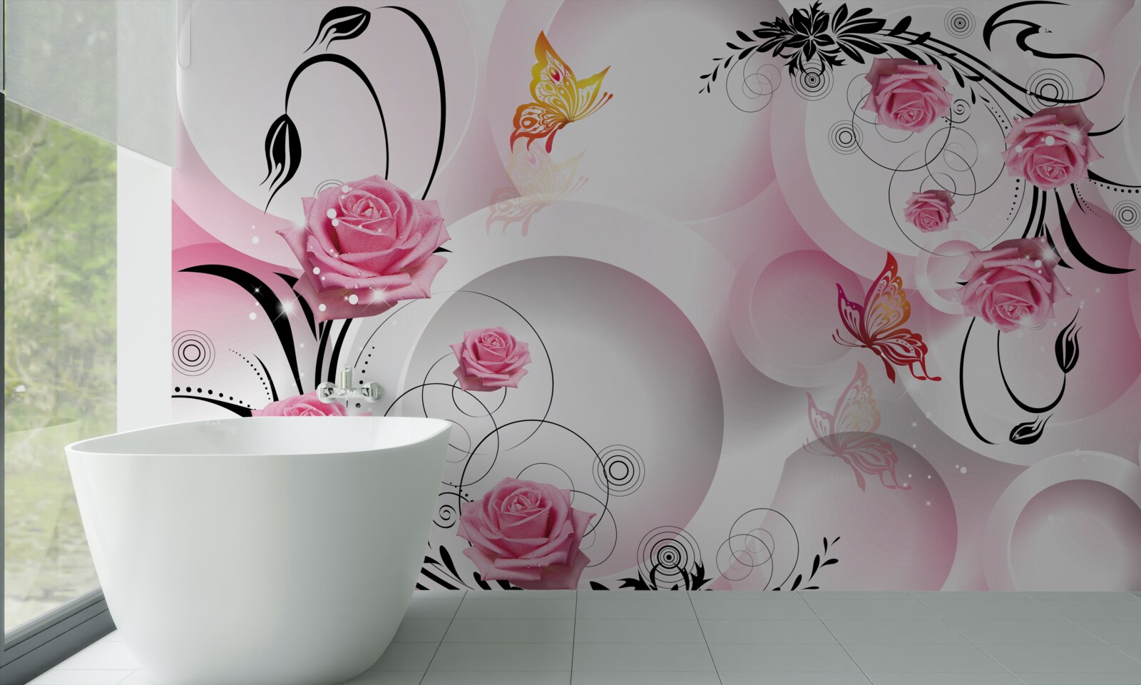 Fototapeten Design von rosa Knospen mit schwarzen Zweigen