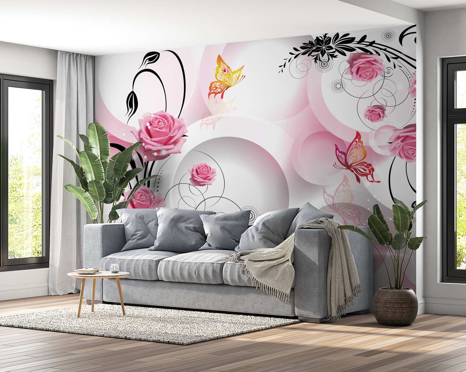 Fototapeten Design von rosa Knospen mit schwarzen Zweigen