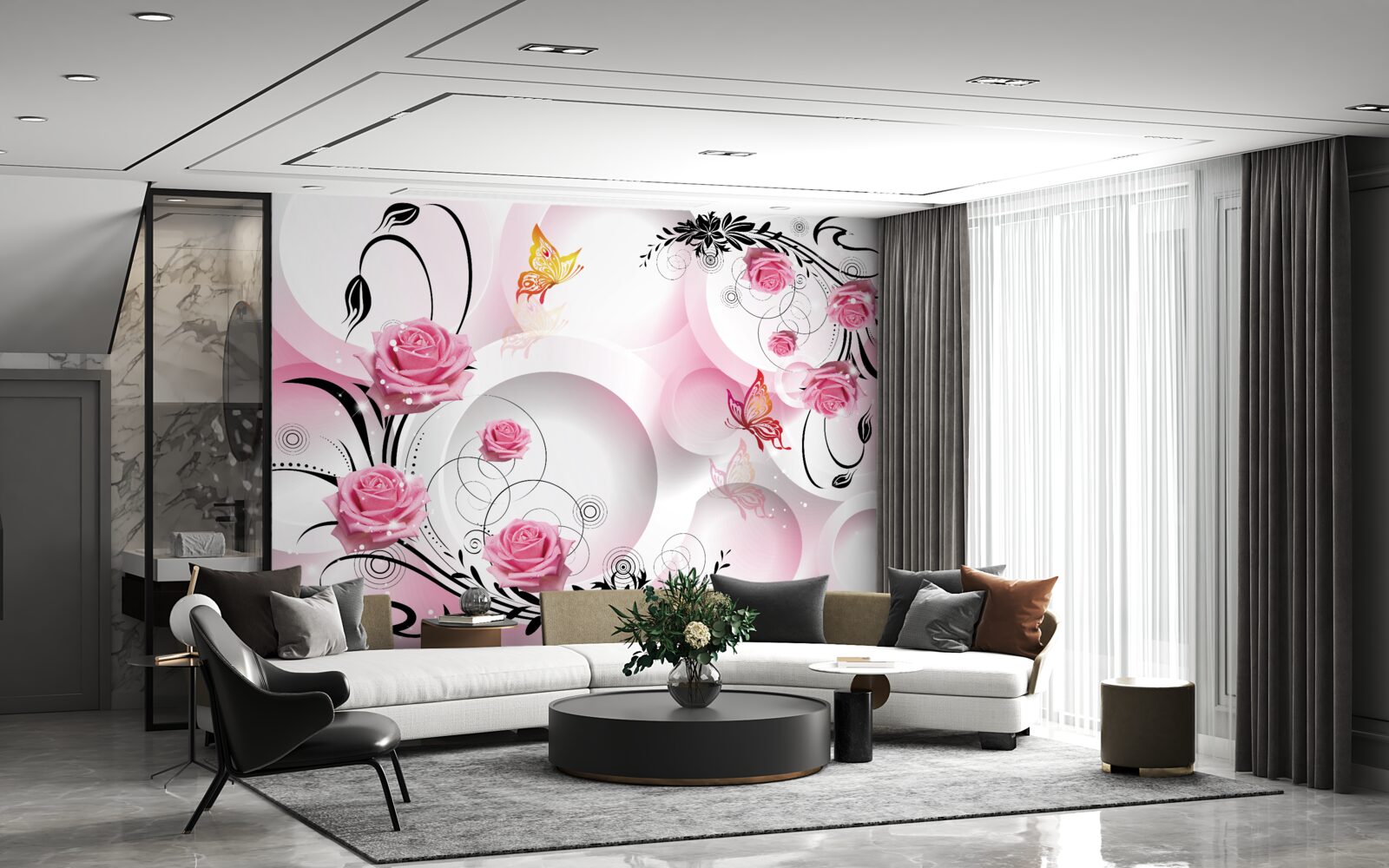 Fototapeten Design von rosa Knospen mit schwarzen Zweigen