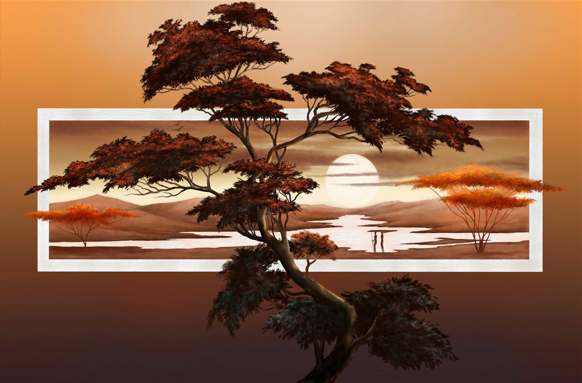 Fototapeten Die Sonne untergeht Bonsai