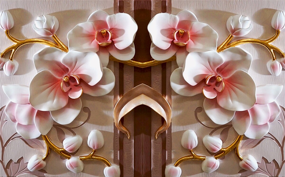 Fototapeten Weiße Orchideen schneiden sanft vom Goldzweig ab