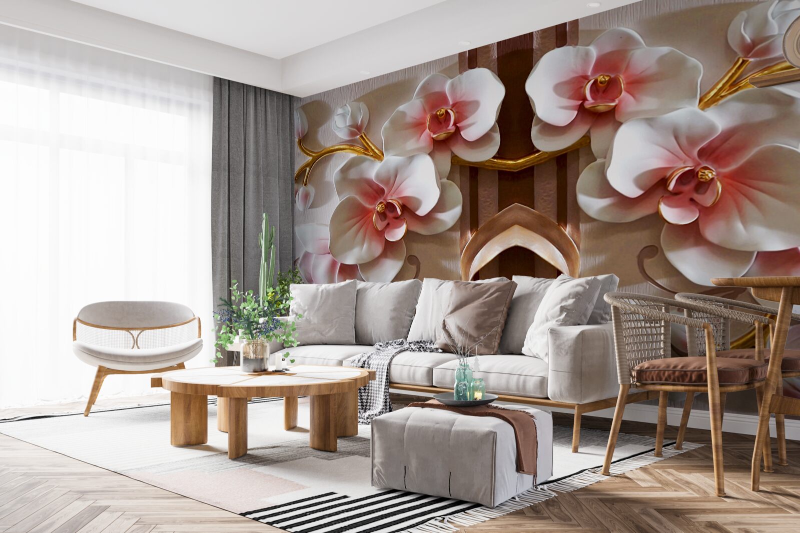 Fototapeten Weiße Orchideen schneiden sanft vom Goldzweig ab